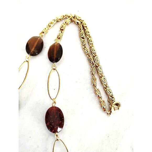 Y2K Vintage Clear Brown Oval Beaded Necklace, Gold Tone Metal, Boho Chic - Picture 4 of 4